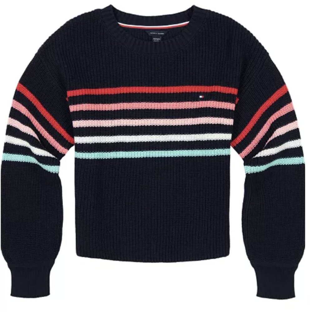 Tommy Hilfiger Girls Cotton Multicolor Stripe Sweater Knit Crewneck